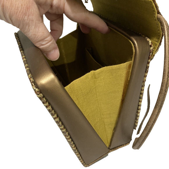 Vintage Mid Century Box Style Purse Shoulder Bag Brown Gold Woven Elegant Chic - Picture 12 of 14